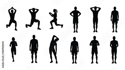 Silhouette illustrations depicting various human poses and fitness exercises