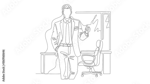 Businessman presenting in office, minimalist line art, professional meeting, business strategy