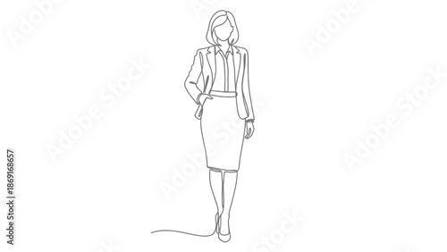 Businesswoman Standing Confident, Single Line Drawing, Professional Attire, White Background