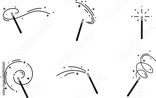 Minimalist magic wand illustrations, simple wizard wand icons, clean line art sparkle elements, enchanting fantasy graphics vector set.
