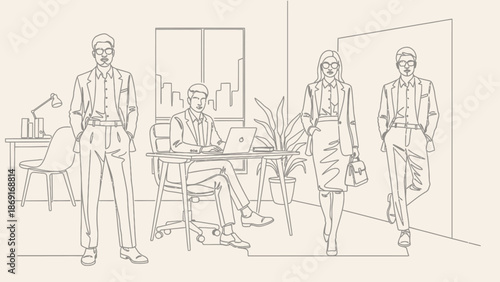 Diverse business team in office setting, line art illustration