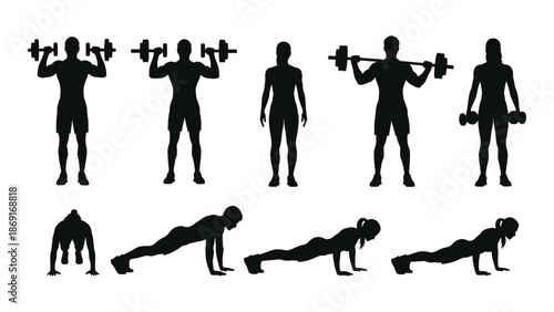 Silhouettes of people performing various workout exercises and fitness routines
