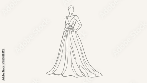 Elegant evening gown line drawing on a neutral background