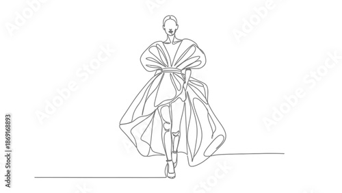 Elegant Fashion Model Silhouette, Continuous Line Drawing, Haute Couture Gown
