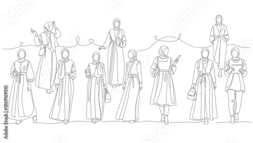 Elegant Muslim Women Fashion Line Art Collection