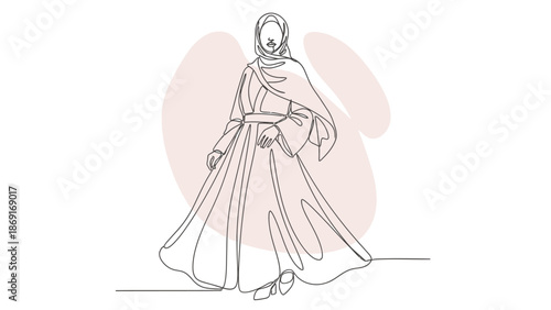 Elegant Woman in Hijab and Abaya, Minimalist Line Art, Islamic Fashion
