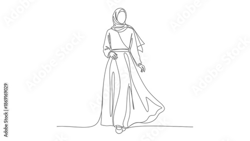 Elegant Woman in Hijab and Flowing Dress, Continuous Line Art