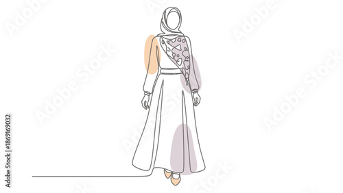 Elegant Woman in Hijab and Abaya, Minimalist Line Art with Soft Pastel Accents