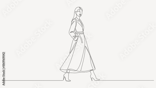 Elegant Woman in Trench Coat Walking, Minimalist Line Art Style