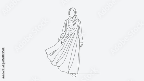 Ethereal Woman in Flowing Hijab and Abaya, Single Line Art Style