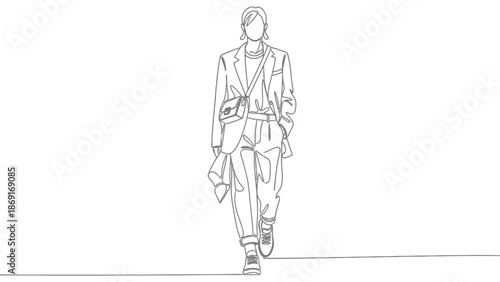 Fashion model woman walking in studio, minimalistic line art drawing, elegant outfit