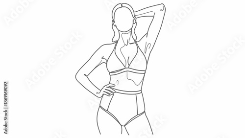 Fashionable woman in bikini, line art sketch, elegant pose, summer beach style
