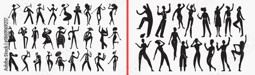 dancing people silhouettes, action pose figures, energetic human movements, party dance illustration, celebration people vector, expressive body poses, dance performance art, active lifestyle silhouet