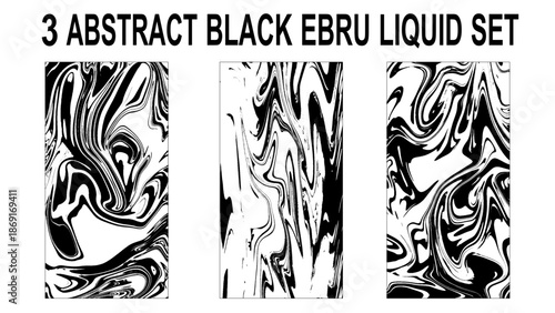 Black and White Liquid Art Background Elements. Organic Liquid Ink Forms Black and White. Ebru Liquid Marble Collection.