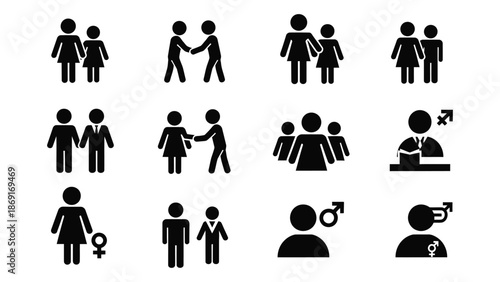 Diverse collection of black silhouette icons depicting people and human interactions