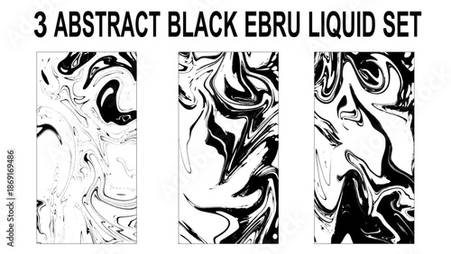 Monochrome Fluid Ink Splash Collection. Black and White Liquid Flow Elements. Ebru Liquid Marble Collection.