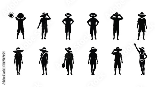 Silhouette collection of people wearing hats and summer accessories