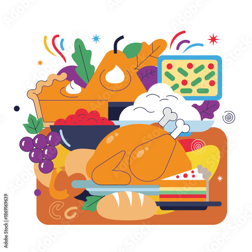 Thanksgiving holiday feast with turkey pie and autumn leaves