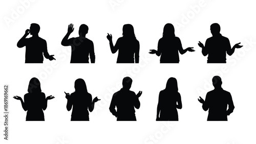 Silhouettes of people in various poses and gestures demonstrating communication