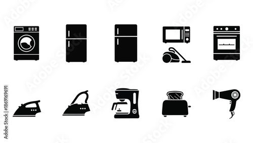 Black silhouettes of common household appliances arranged in a simple row