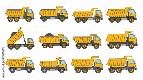 Yellow dump trucks set on white background.