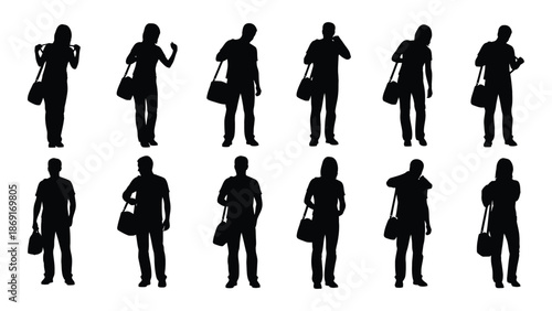 Silhouettes of people with bags walking in various poses and stances
