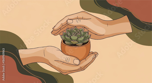 Protecting Hands Cupped Around a Small Potted Succulent Plant for Conservation and Growth Concept