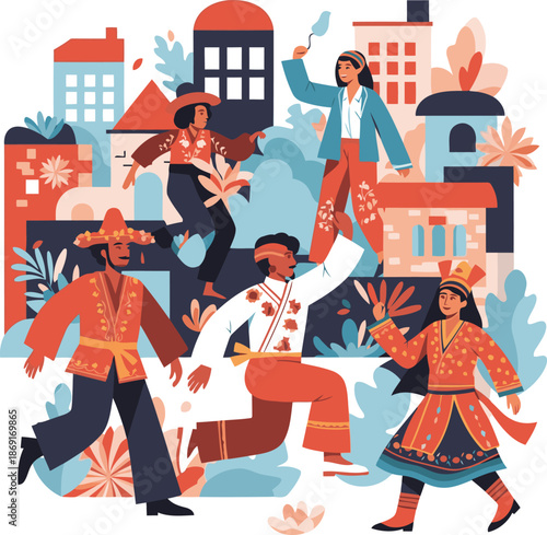 Community festival with diverse people dancing and music