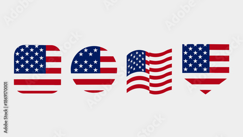 Vector set of patriotic flag sticker icons. Collection features national symbols in varied shapes rounded square, circle, waving, and shield designs for identity