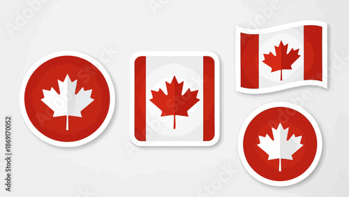 Diverse collection of stylized Canadian flag sticker icons, featuring the iconic maple leaf emblem in various patriotic graphic designs, perfect for national identity representation
