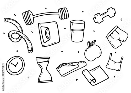 Hand-drawn doodle illustration of various fitness and health items including dumbbells, measuring tape, water, and an apple.