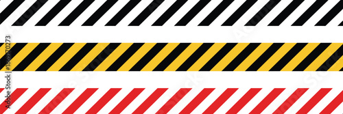 Warning tape with yellow, red, and black diagonal stripe pattern, vector seamless line for caution, hazard, danger, road safety, attention, and warning signage in digital and print designs.