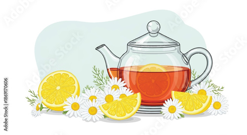 Glass Teapot of Fresh Herbal Tea with Chamomile Flowers and Lemon Slices Illustration