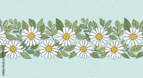 Cheerful White Daisy and Chamomile Flower Border Strip on Light Blue Summer Background