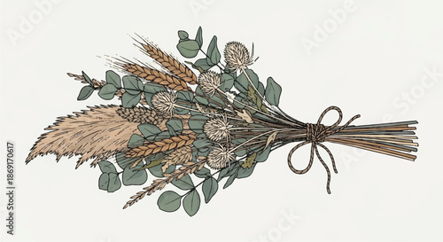 Rustic Bouquet of Dried Flowers and Wheat Ears Tied with String for Autumn Decoration