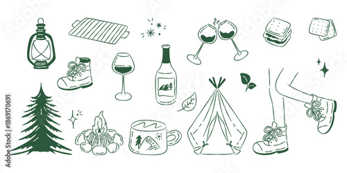Hand-drawn camping elements, including a lantern, wine, campfire, tent, hiking boots, and food items.