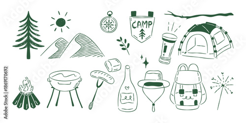 A set of hand-drawn camping and outdoor adventure doodles, featuring a tent, mountains, bonfire, backpack, and nature elements.