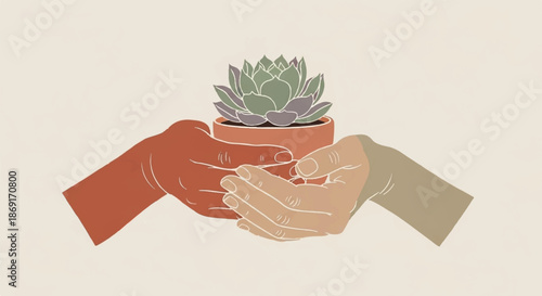Close Up of Two People Sharing and Passing a Small Potted Succulent Plant for Sustainability Concept