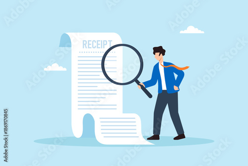 Flat illustration of businessman inspecting long invoice receipt with magnifying glass symbolizing bill checking financial audit expense review cost control and payment verification