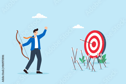 Flat illustration of businessman hitting bullseye target after many failed attempts symbolizing persistence determination resilience learning process and success achievement