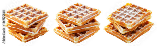 Stack of golden brown waffles sprinkled with powdered sugar, isolated on white transparent background
