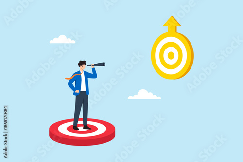 Flat illustration of businessman standing on target platform looking through telescope toward higher goal symbolizing ambition future vision career growth and next level achievement
