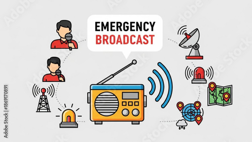 Emergency broadcast system with radio people with microphones and alert signals concept for communication and information dissemination