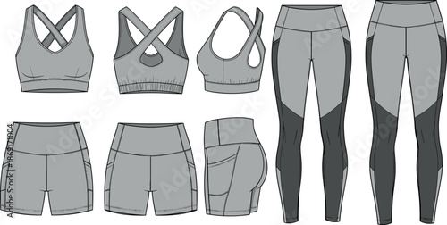 Technical fashion flat sketches of women activewear set featuring crisscross sports bra high waisted leggings and side pocket yoga shorts