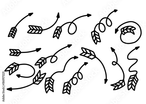 A collection of hand-drawn doodle arrows with various curved, wavy, and spiral shapes, featuring distinct fletching, on a white background.