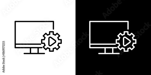Sleek vector icon of a computer monitor featuring a settings gear and play button, symbolizing digital video configuration and media playback management
