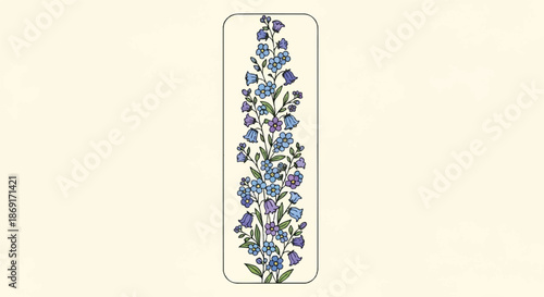 Elegant Vertical Border of Blue Bell Flowers and Greenery in a Minimalist Rectangular Frame