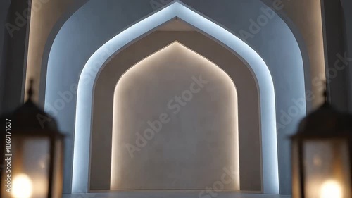 Minimal Islamic Arch Interior with Lantern Bokeh and Copy Space