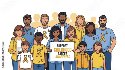 Diverse group of people wearing gold ribbons for childhood cancer awareness supporting a cause with a sign illustration on white background