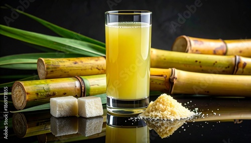 Glass of sugarcane juice with stalks and jaggery cubes